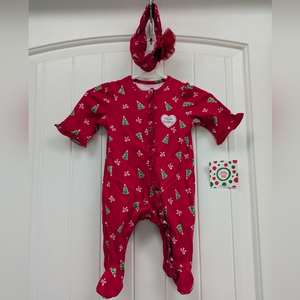 Little Me "My 1st Christmas" Red Festive Tree Footie Sleeper With Headband